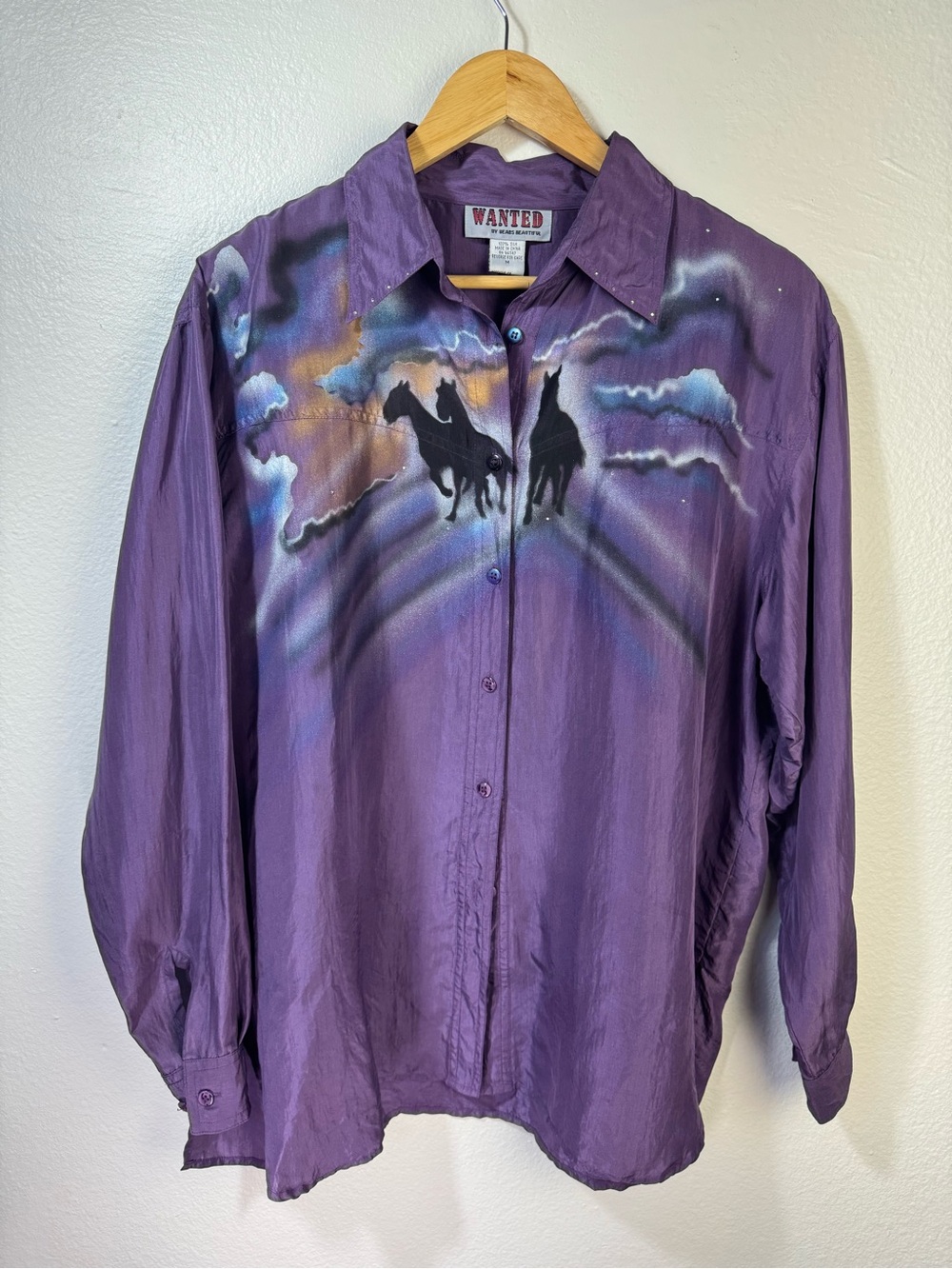 Vintage Wanted 100% Silk Horse Print Button-Up Shirt Purple M